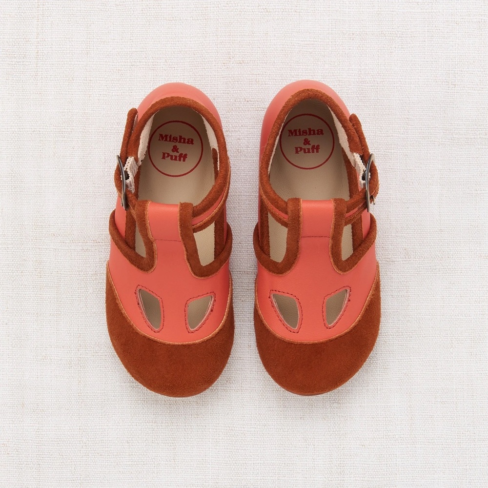 Misha & Puff Leather “Elmwood T-Strap” Marijanes in Red Flame